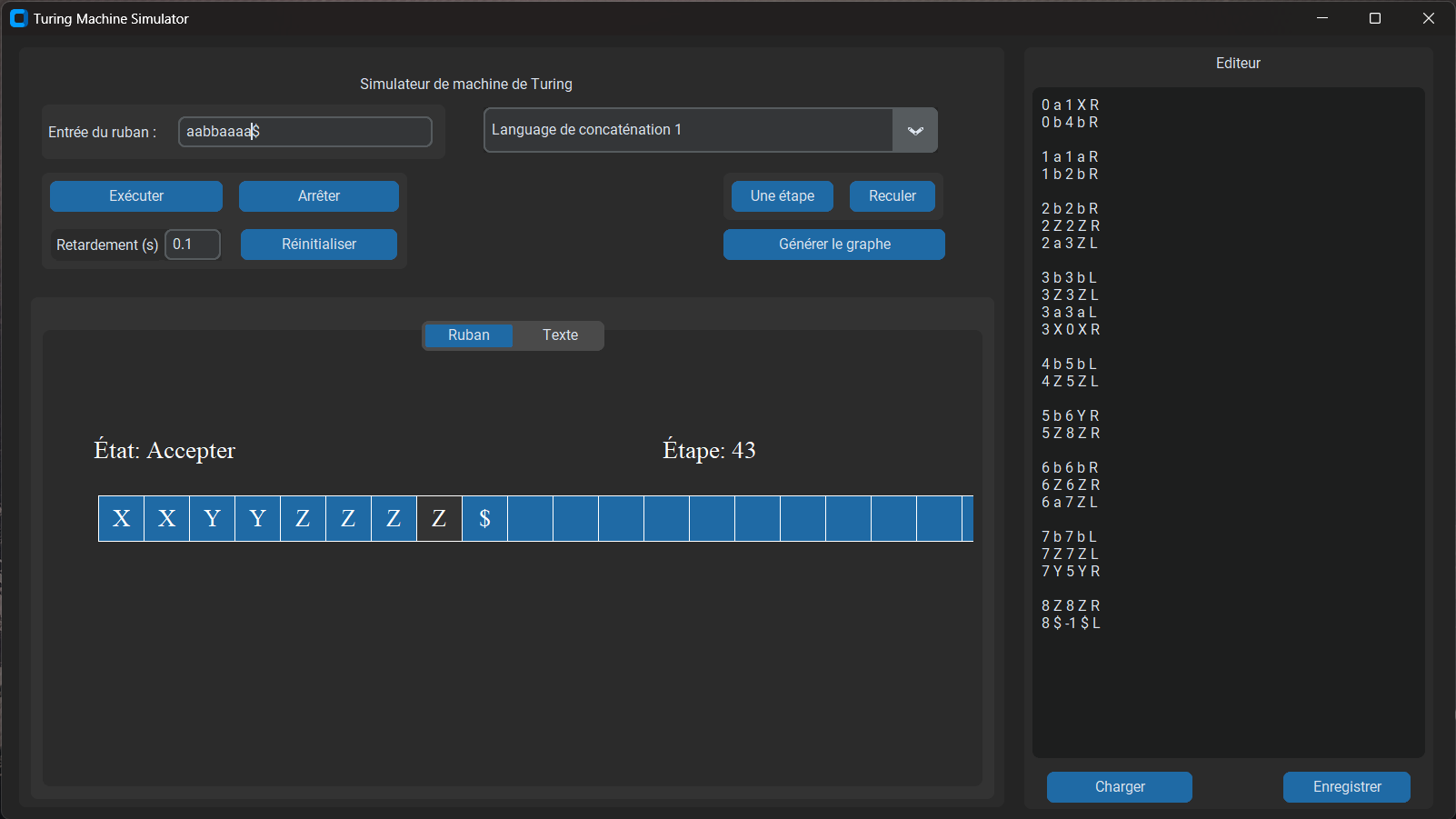 The simulator running a concatenation language